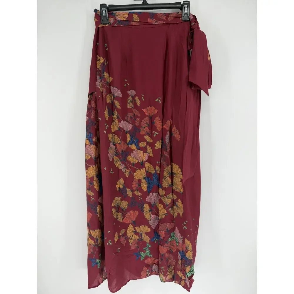 Floral Print Burgundy Wrap Maxi Skirt